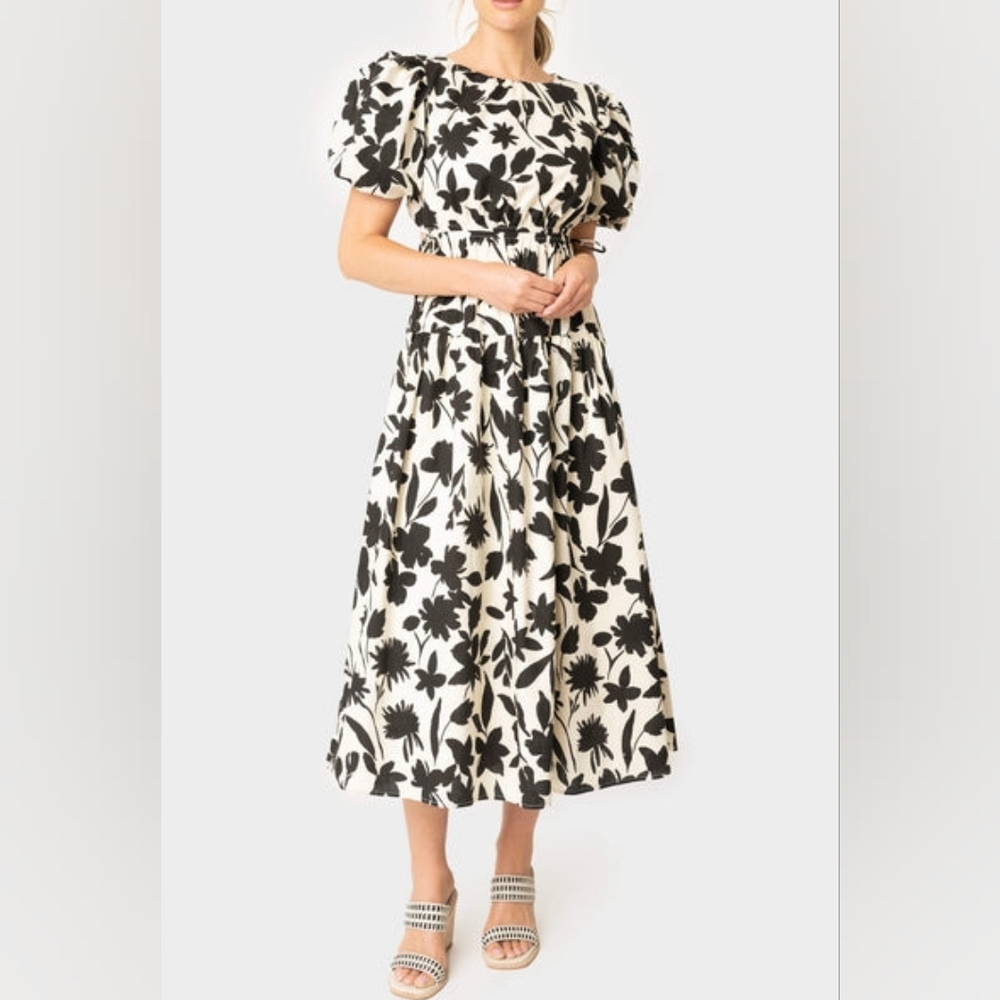 Moon River| Floral Cut-Out Shirred Midi | Sz L | Cottagecore, Longline, Maxi - Picture 2 of 10